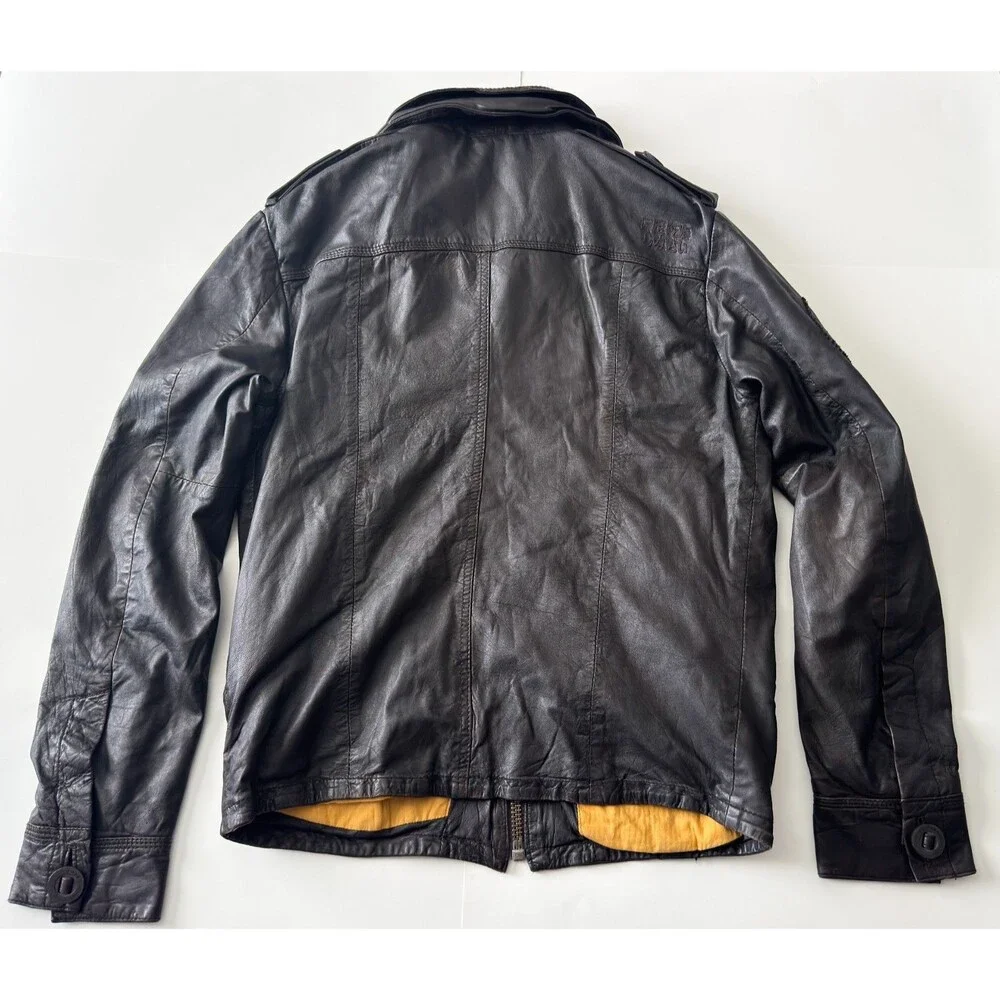 Superdry Men's Black Leather Brad Moto Logo Bomber Jacket Size Large